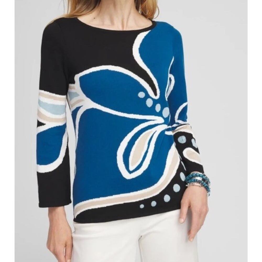 CHICO'S Swirl Print Crew Neck‎ Sweater Women’s Sz 0 Small New Black blue $109